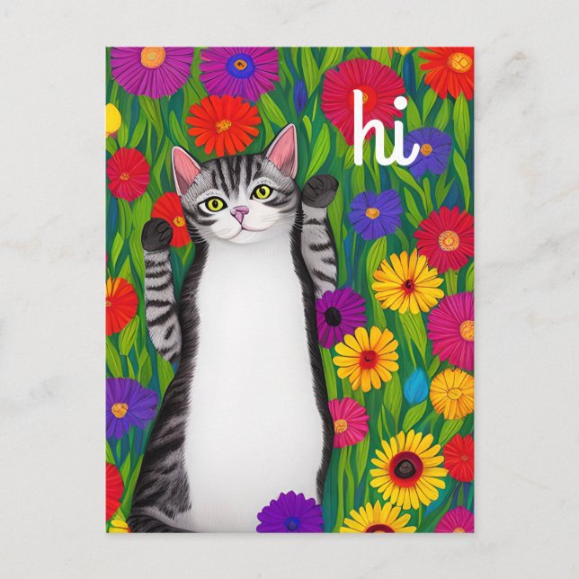 Cute Folk Art Cat saying Hi among Flowers Postcard (Front)