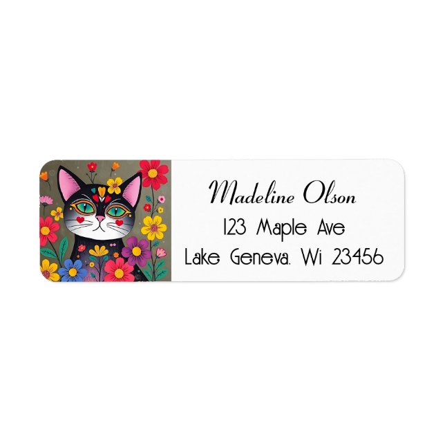 Cute Folk Art Chat noir et fleurs (Devant)