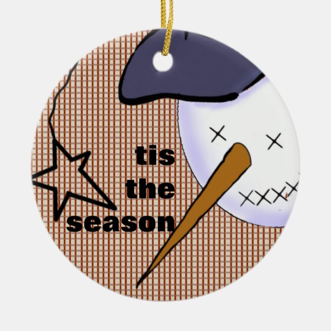 Cute Folk Art Cowboy Snowman Ceramic Ornament (Front)