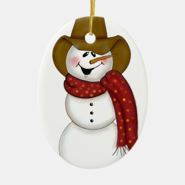 Cute Folk Art Cowboy Snowman Ceramic Ornament (Front)