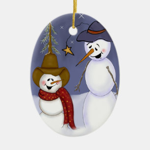 Cute Folk Art Cowboy Snowman Ceramic Ornament