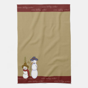 Cute Folk Art Cowboy Snowman Christmas Kitchen Towel