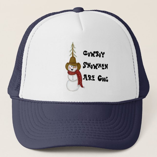 Cute Folk Art Cowboy Snowman Trucker Hat (Front)
