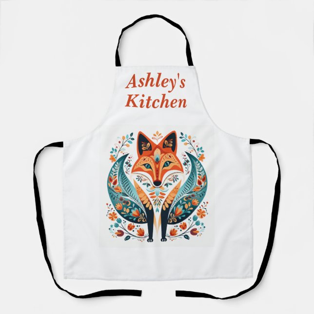 Cute Folk Art Foxy Kitchen Apron (Front)