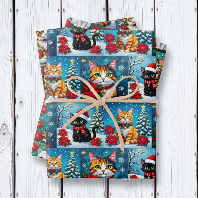Cute Folk Art Impasto Cat Festive Christmas Wrapping Paper Sheet (Creator Uploaded)
