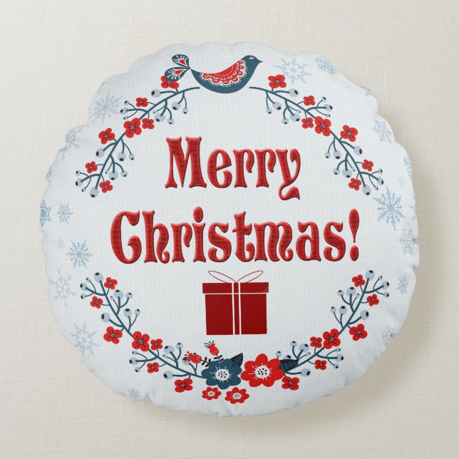 Cute Folk Art Merry Christmas Wreath Round Pillow (Front)