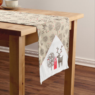 Cute Folk Art Reindeer Trees Pattern   Vintage Tan Short Table Runner