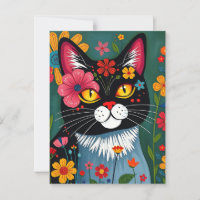 Cute Folk Art Whimsical Cat and Flowers