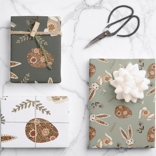 Cute Folk Bunny Egg Easter Pretty Pattern Fun  Wrapping Paper Sheet