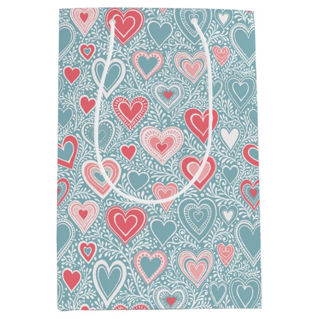 Cute Folk Floral Heart Dusty Blue Pink Baby Shower Medium Gift Bag (Front)