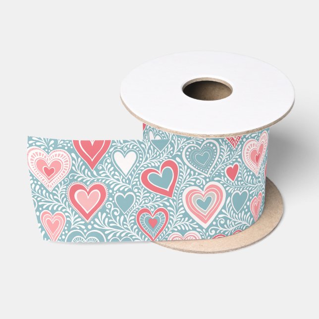 Cute Folk Floral Heart Dusty Blue Pink Baby Shower Satin Ribbon (Spool)