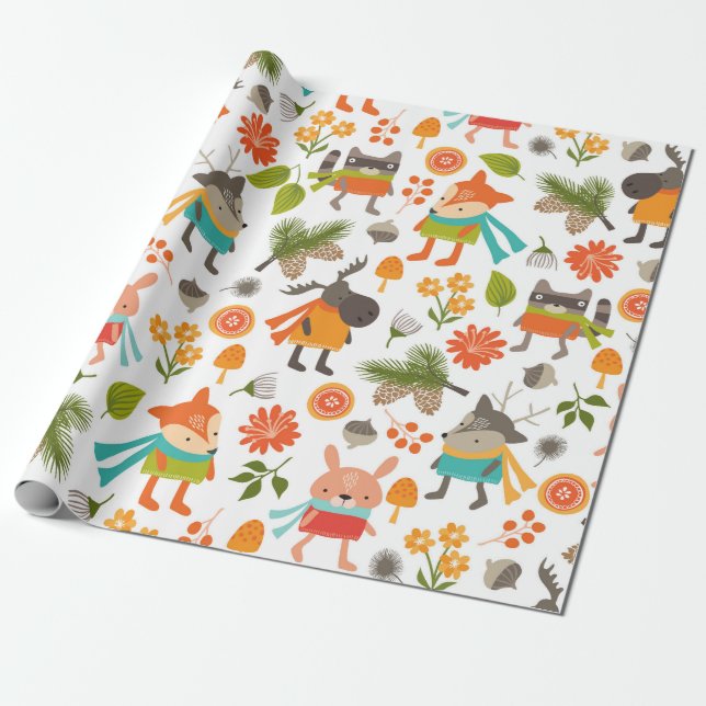 Cute Folksy Woodland Animals Wrapping Paper (Unrolled)