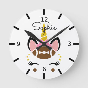 Cute Football & Bow Unicorn Round Clock