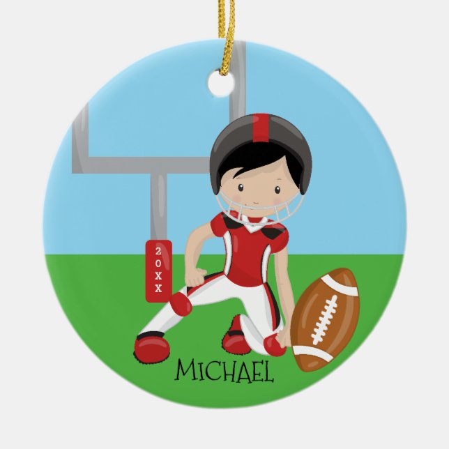 Cute Football Player Personalized Christmas Ceramic Ornament (Front)