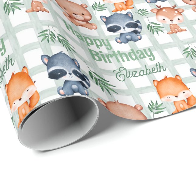 Cute Forest Animal Mint Chequered Kids Birthday Wrapping Paper (Roll Corner)
