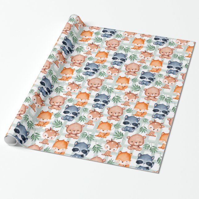 Cute Forest Animal Mint & White Chequered Wrapping Paper (Unrolled)