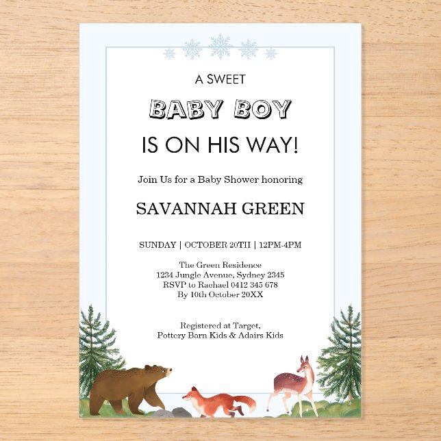 Cute Forest Animals Baby Boy Shower Design Acrylic Invitations (Front)