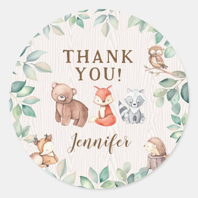 Cute forest animals baby shower thank you stickers (Front)
