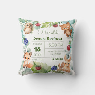 Cute Forest Animals Birth Announcement Throw Pillow
