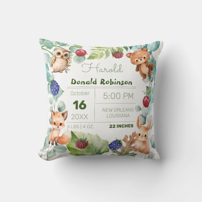 Cute Forest Animals Birth Announcement Throw Pillow (Front)