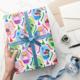 Cute Forest Animals & Cupcakes Birthday Wrapping Paper