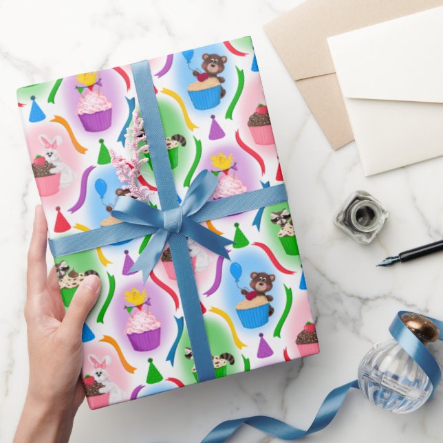 Cute Forest Animals & Cupcakes Birthday Wrapping Paper (Gifting)