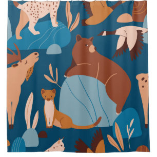 Cute forest animals, dark seamless design.