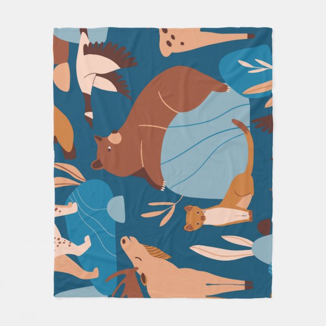 Cute forest animals, dark seamless design. fleece blanket (Front)
