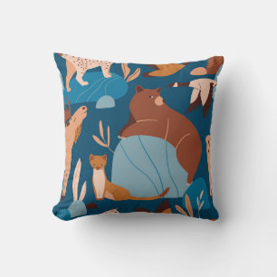 Cute forest animals, dark seamless design. throw pillow