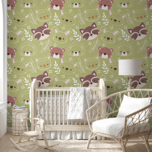 Cute Forest Animals Green Pattern Wallpaper