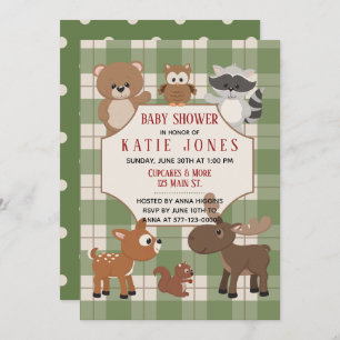 Cute Forest Animals Green Plaid Baby Shower Invite