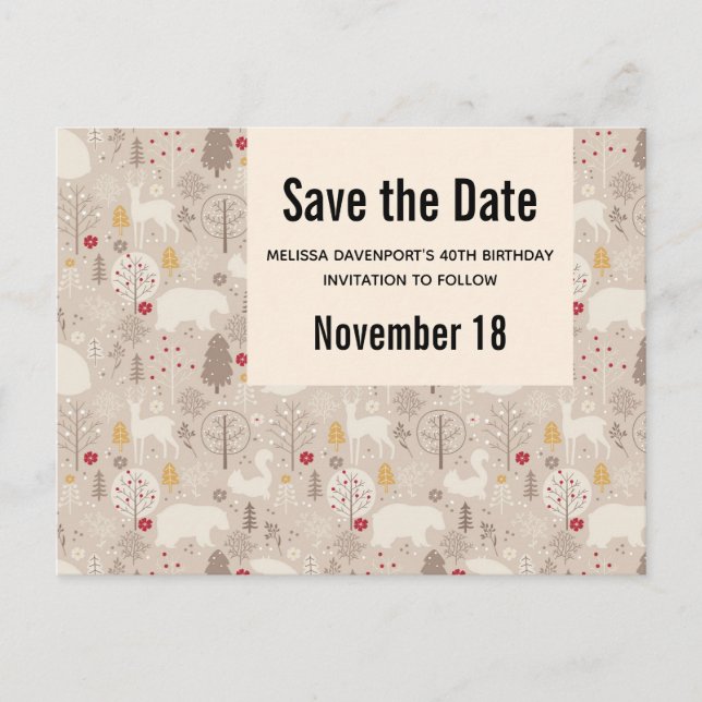 Cute Forest Animals Nordic Birthday Save the Date Invitation Postcard (Front)
