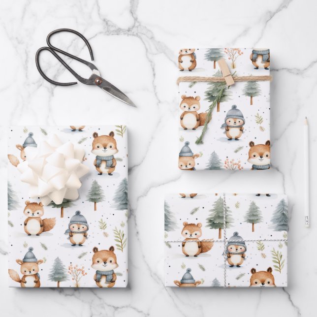 Cute Forest Animals Squirrels in Winter Wrapping Paper Sheet (Front)