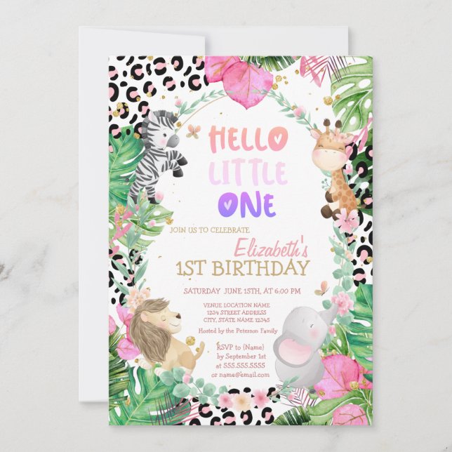 Cute Forest Animals Tropical Leaves 1st Birthday Invitation (Front)