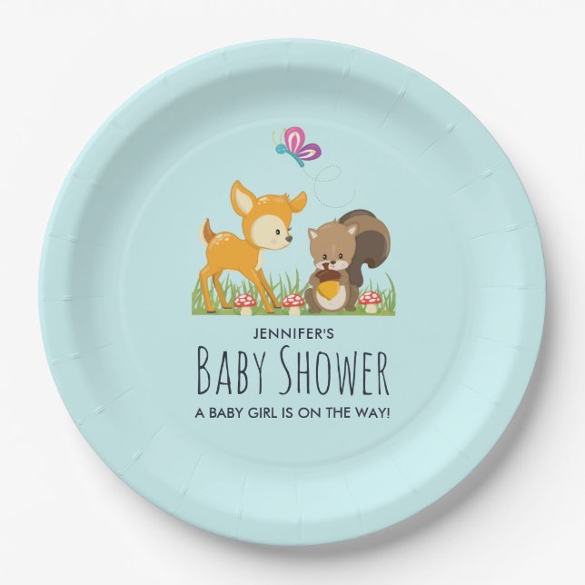 Cute Forest Animals Whimsical Cartoon Baby Shower Paper Plate (Front)