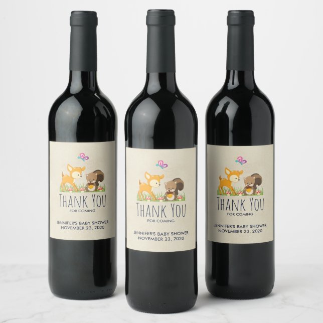 Cute Forest Animals Whimsical Cartoon Baby Shower Wine Label (Bottles)