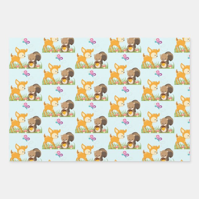 Cute Forest Animals Whimsical Cartoon Pattern Wrapping Paper Sheet (Front)