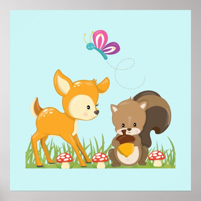 Cute Forest Animals Whimsical Cartoon Poster (Front)