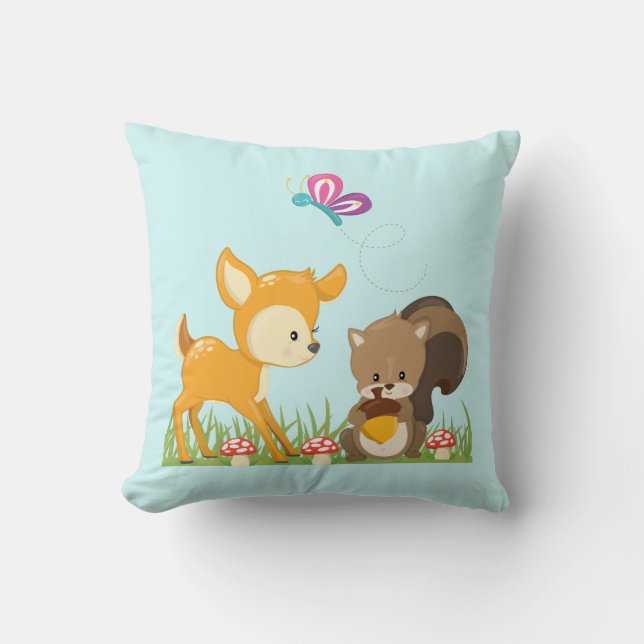 Cute Forest Animals Whimsical Cartoon Throw Pillow (Front)