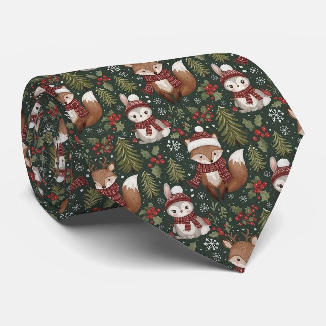 Cute Forest Animals Winter Pattern Tie (Rolled)