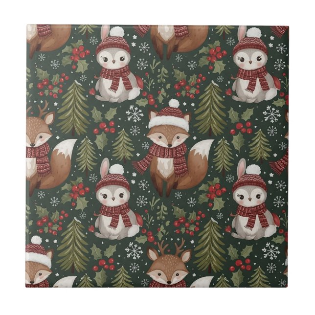 Cute Forest Animals Winter Pattern Tile (Front)