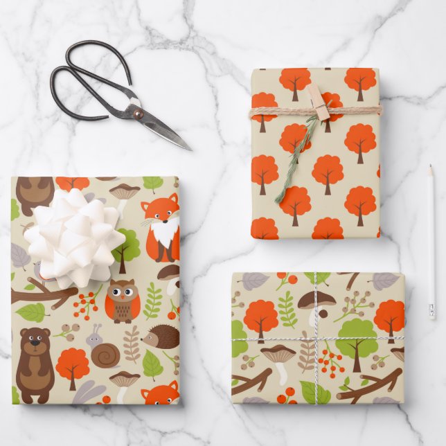 Cute Forest Animals Wrapping Paper Set of 3 (Front)