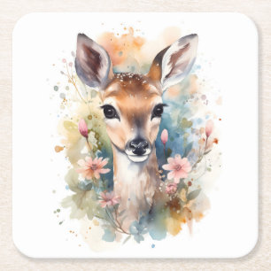 Cute Forest Baby Dear Pints Nursery Art Square Paper Coaster
