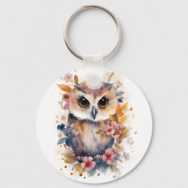 Cute Forest Baby Owl with Flowers for Nursery Keychain (Front)