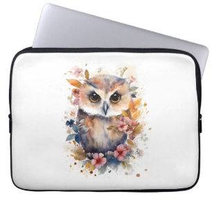 Cute Forest Baby Owl with Flowers for Nursery Laptop Sleeve