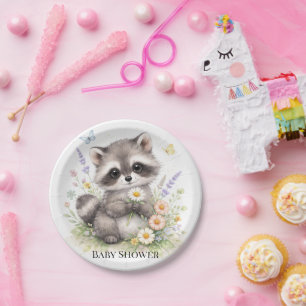 Cute Forest Baby Raccoon Baby Shower  Paper Plate