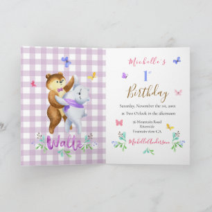Cute Forest Bears Waltzing 1st Birthday Party Invitation