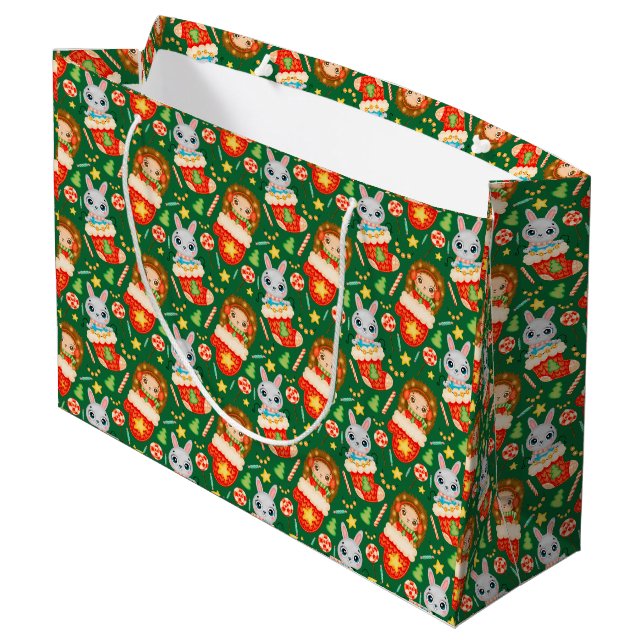 Cute Forest Christmas Animals, Stockings, Mitte Large Gift Bag (Back Angled)
