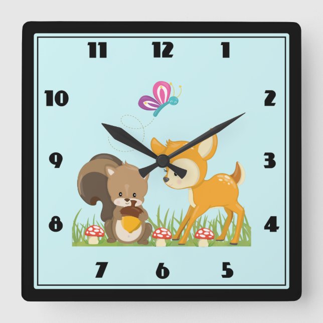 Cute Forest Creatures Happy Cartoon Square Wall Clock (Front)