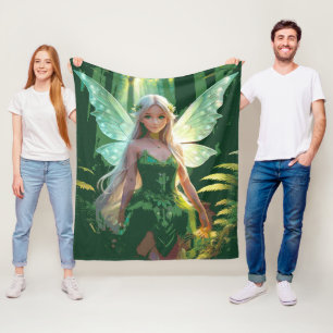 Cute Forest Fairy In Green Dress Fleece Blanket